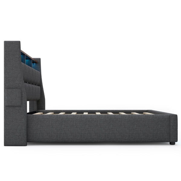 English Elm (=aa20690910g) Queen Upholstered Storage Bed with Led Lighting and Headboard Charging Ports AA20690910G-1