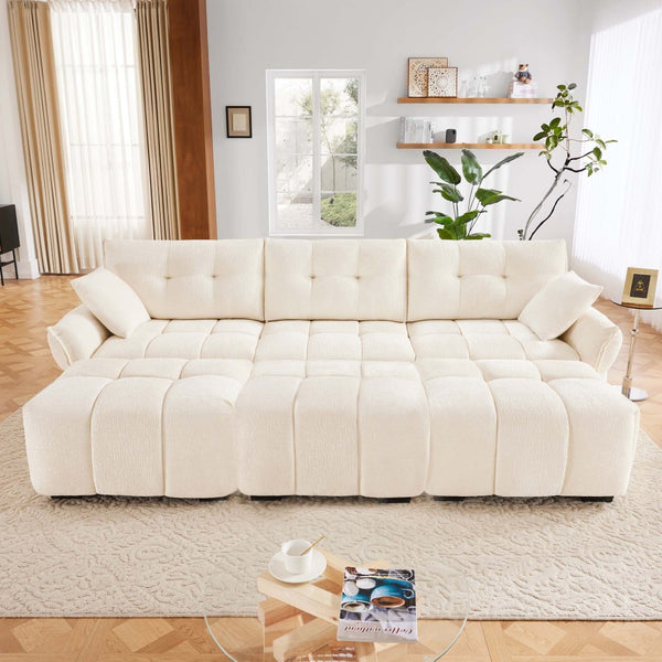 English Elm 3 Seater Chenille Sofa Set with Ottomans Tufted Arms Solid Wood Frame Lounge Ready White W714S01655