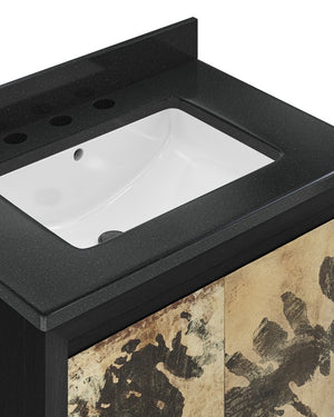 Currey & Company Karlson 36" Bath Vanity With Abstract Pattern Doors, Black Granite Top & Undermount Sink Storage Solutions Black Oak Solids & Veneer ,Leather Vellum ,Granite ,Vitreous China 3800-0014-currey-company