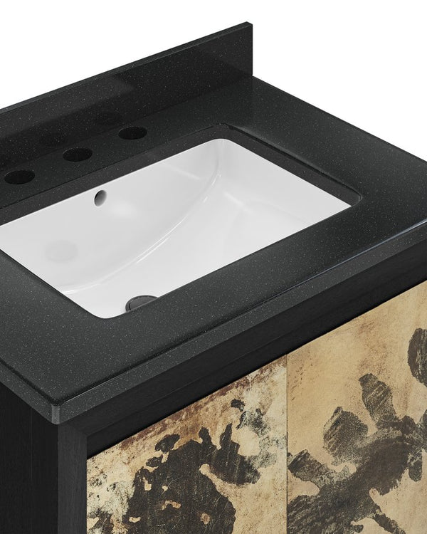 Currey & Company Karlson 36" Bath Vanity With Abstract Pattern Doors, Black Granite Top & Undermount Sink Storage Solutions Black Oak Solids & Veneer ,Leather Vellum ,Granite ,Vitreous China 3800-0014-currey-company
