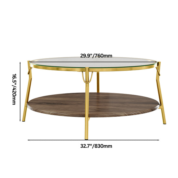 English Elm Modern 47.2" Rectangular Coffee Table with Sleek Black Top, Gold Metal Base and Four Drawers for Stylish Storage and Durable Contemporary Living Room Furniture Gold+Glass,Walnut N735P350390D