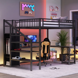 English Elm Metal Queen Loft Bed with Wardrobe, LED Light, L-Shaped Desk and USB Ports for Space-Saving Rooms Black 65.75 L x 17.52 W x 6.3 H W2593S00043