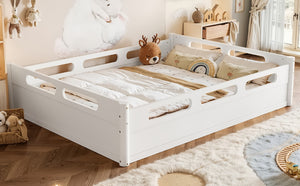 English Elm Queen Low Profile Floor Bed Pine Wood Frame Japandi Minimalist Bedroom Design White W1580P438794