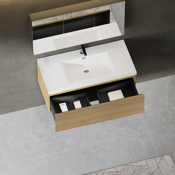 English Elm 36'' Floating Vanity Fluted Front Smoked Walnut Soft Close Drawer Quartz Basin W1920P385445
