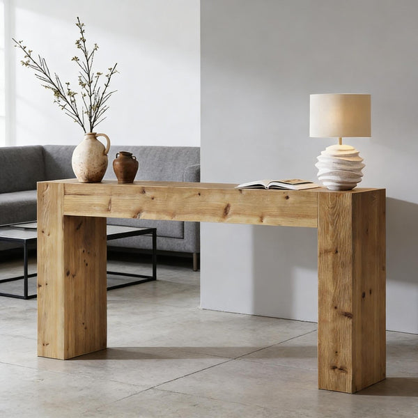 English Elm Wood Solid Fir Console Table Handcrafted Farmhouse Style for Entryway or Sofa T3971P448350