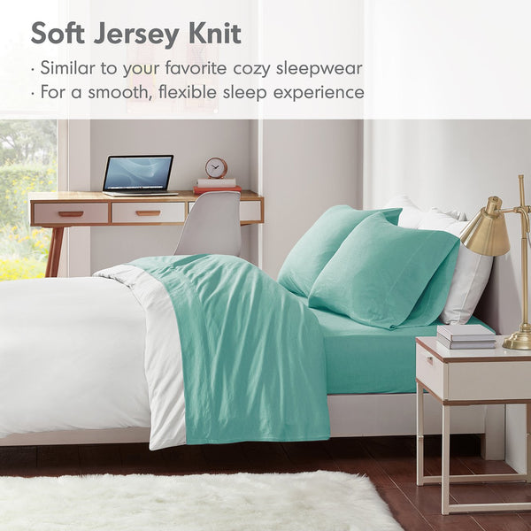 JLA Home Intelligent Design - All Season Sheet Set Jersey Knit Cotton Blend for Year-Round Comfort, Breathable & Easy Care Aqua ID20-697