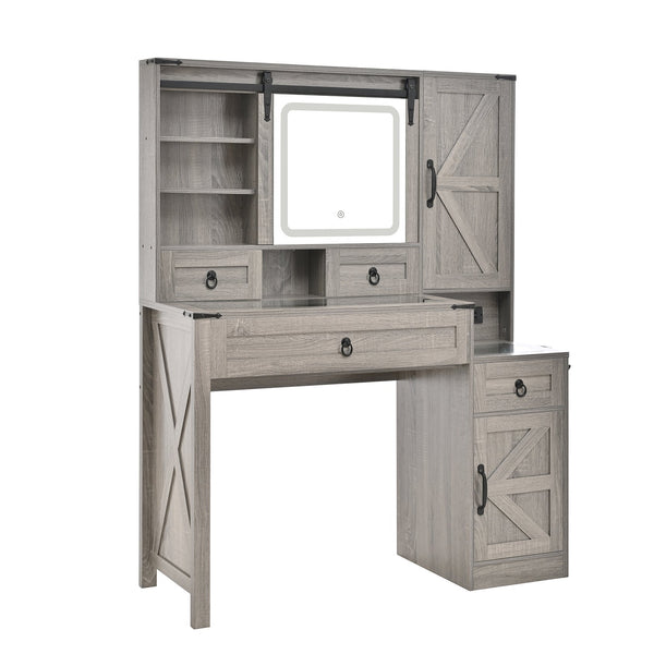 English Elm Farmhouse LED Vanity Desk with Sliding Mirror, Glass Top Storage, Built-In Charging Station & Stool Gray 37 L x 18.5 W x 13 H N733P340562G