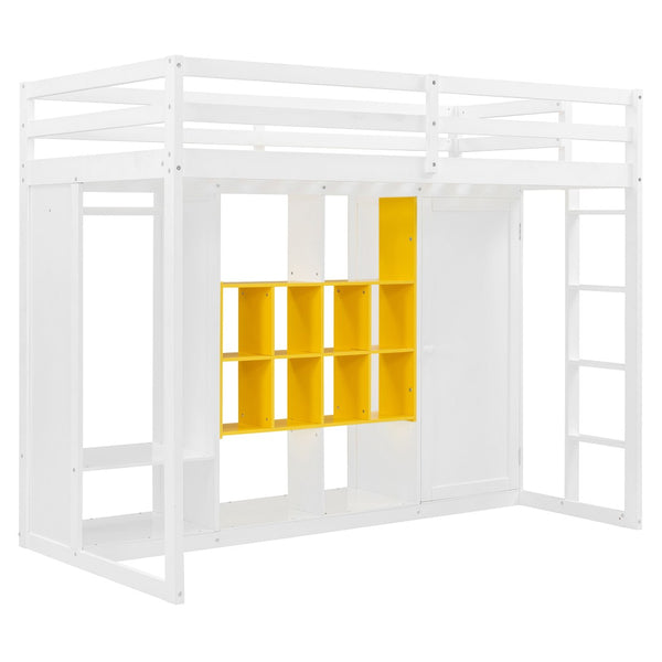 English Elm Twin Loft Bed with Wardrobe Shelves and Cabinet Kids Bedroom Wood Storage Frame Yellow+White N708S00023K
