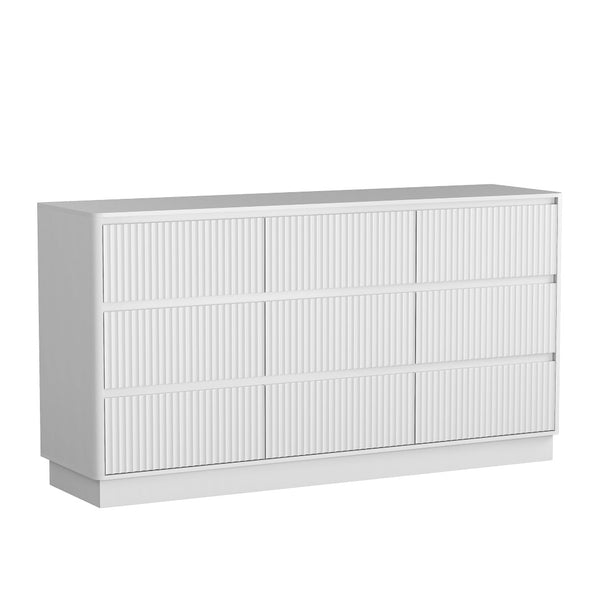 English Elm 9 Drawer Matte Wood Dresser with Wave Front Mid Century Modern Low Profile Storage White W409P387581