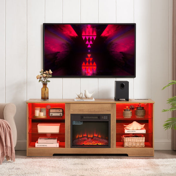 English Elm TV LED Fireplace TV Stand with Bluetooth LED Lights, Remote, USB Charging & Ample Storage, 58" Oak W2275P257558