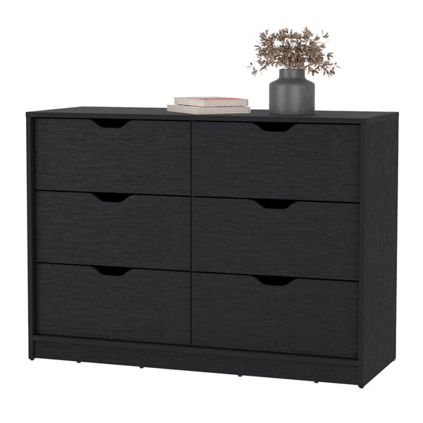 English Elm Basilea 4-Drawer Double Dresser with 2 Pull-Down Cabinets Black — Spacious Storage, Shoe Organizer and Display Surface B200P239598