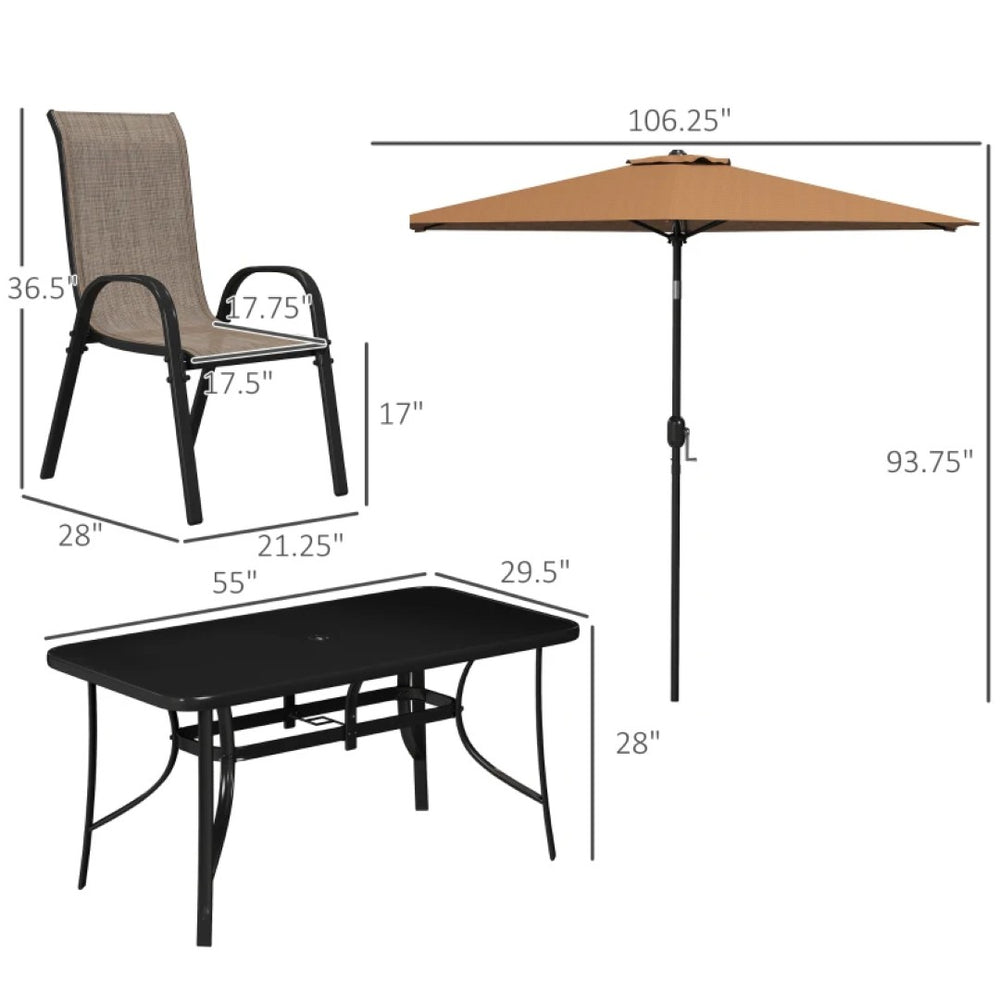English Elm Modern Outdoor Dining Set 8 Piece Aluminum Mesh Chairs Glass Table with Umbrella T3971S00150