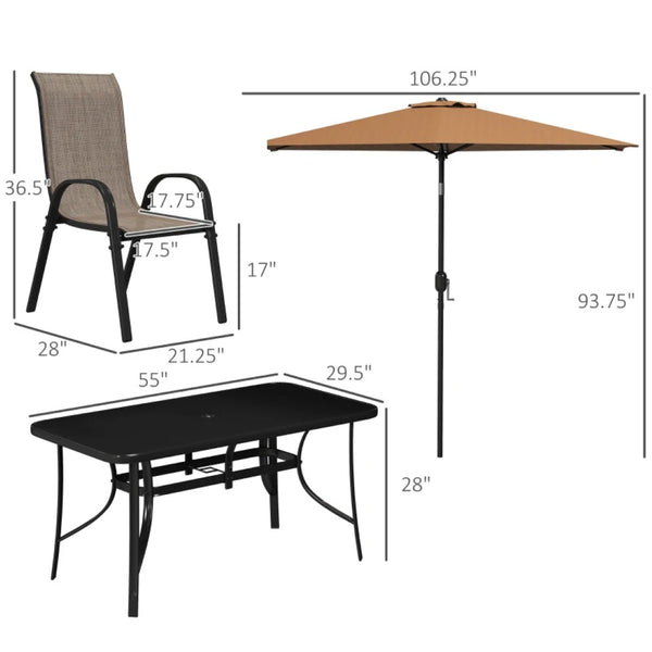 English Elm Modern Outdoor Dining Set 8 Piece Aluminum Mesh Chairs Glass Table with Umbrella T3971S00150