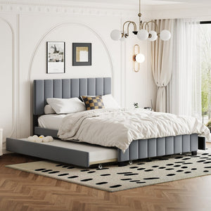 English Elm Queen Tufted Velvet Platform Bed with Storage Drawers and Pull Out Trundle Gray LP000714AAE-1