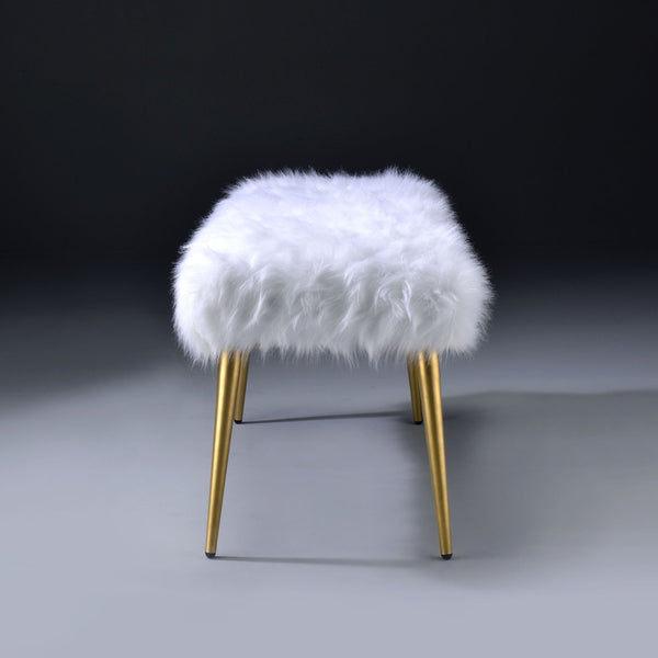 English Elm White Faux Fur And Gold Metal Bench - Modern Glam Accent For Entryway, Bedroom, Or Living Room B062P189115-GIGA