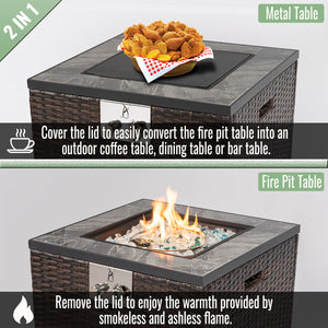 English Elm 24" 50000 BTU Propane Fire Pit Table with Windshield, Ceramic Tile Top, Wicker Base & Cover W85343026