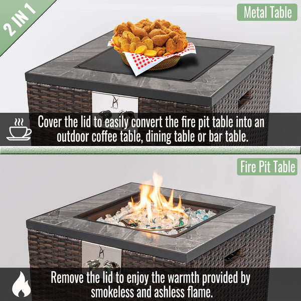 English Elm 24" 50000 BTU Propane Fire Pit Table with Windshield, Ceramic Tile Top, Wicker Base & Cover W85343026