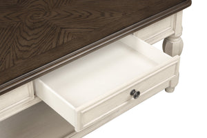 English Elm Two Toned Cocktail Table with Storage Drawer & Shelf, Ancient White Oak Veneer, Traditional Charm B2699P235331