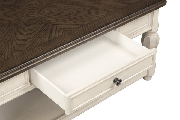 English Elm Two Toned Cocktail Table with Storage Drawer & Shelf, Ancient White Oak Veneer, Traditional Charm B2699P235331