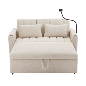 English Elm 55.9" Convertible Sofa Bed Loveseat with 3 USB Ports, Cup Holders, Side Pockets & 360° Phone Swivel Beige WF322620AAA