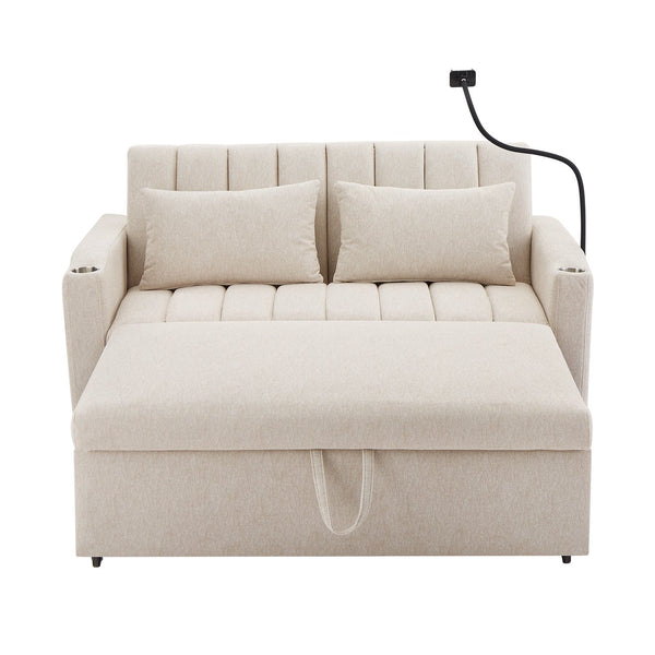 English Elm 55.9" Convertible Sofa Bed Loveseat with 3 USB Ports, Cup Holders, Side Pockets & 360° Phone Swivel Beige WF322620AAA