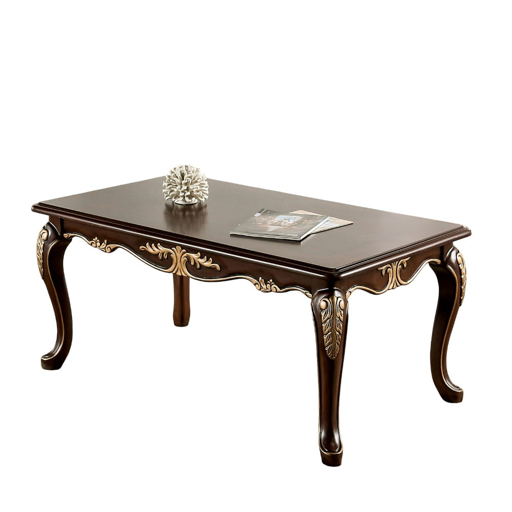 English Elm Rich Solid Wood Coffee Table 48"W x 27.5"D Classic Tobacco Finish Carved Cabriole Legs Gold Accents Elegant Design B2741P361145