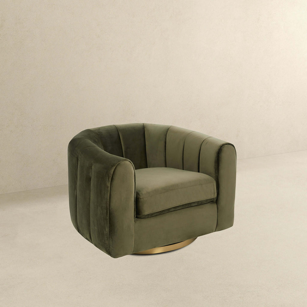 English Elm Ashcroft Furniture - Cosey Green Velvet Swivel Chair with Gold Metal Base, Mid-Century Barrel Accent for Living Space B183P231062