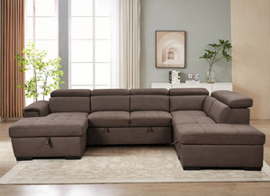 English Elm 128"Sofa U-Shaped Sectional with Pull-Out Bed, Storage Chaises, Adjustable Headrests for Comfort Dark Brown W1417S00087