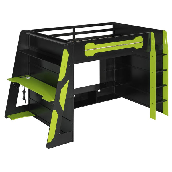 English Elm Full Size Wood Loft Bed with Rgb Lighting Desk Storage and Gaming Console Shelf Green LT000260AAG