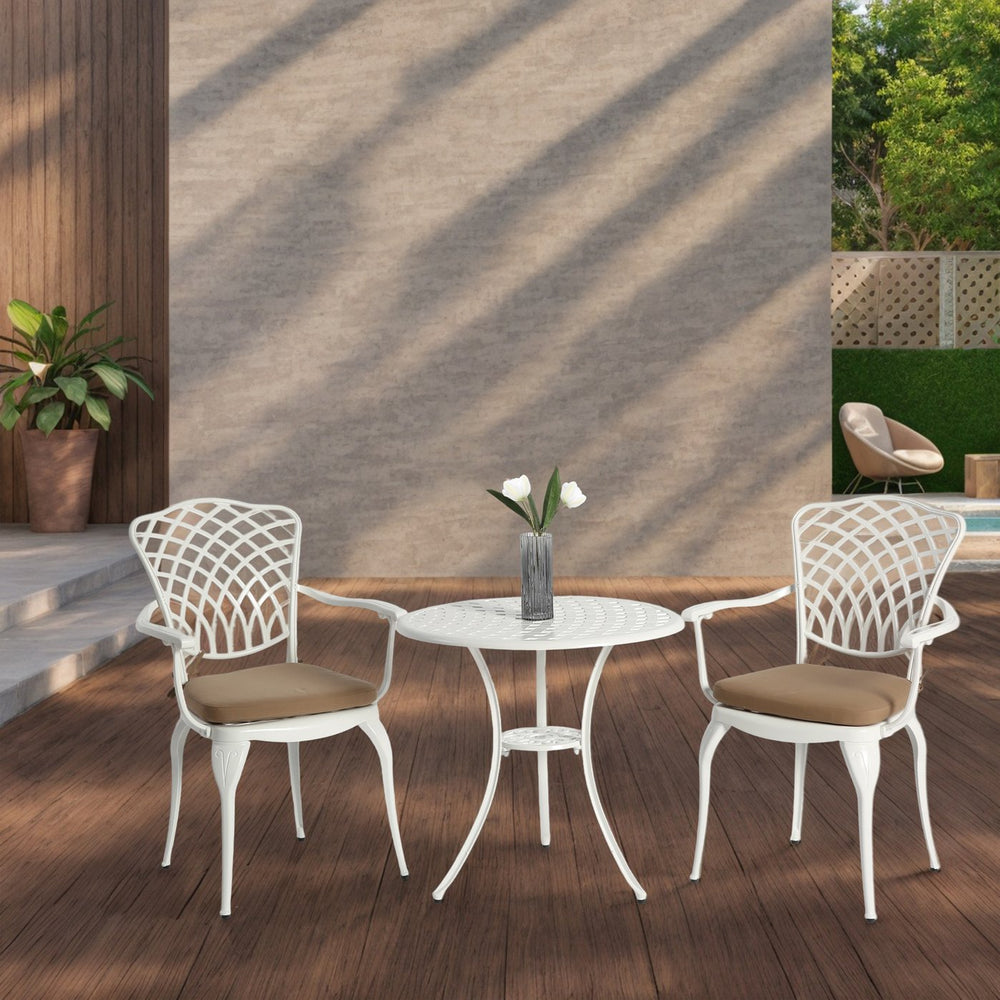 English Elm 3 Piece Patio Bistro Set - Elegant Cushioned Metal Table & Chairs For Small Outdoor Spaces, All-Weather W640P251288