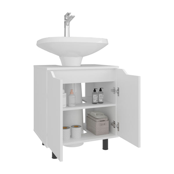 English Elm Marlo White Under Sink Cabinet 22" Wide with Cut-Out Back, Two Doors, Open Shelf, Modern Compact Storage B200P363785