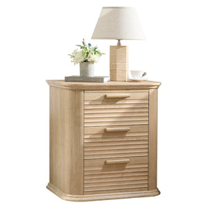 English Elm 22" Fluted Wood Nightstand with Built-in Charging Station Three Drawer Bedside Storage Oak T5326P431150
