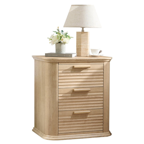 English Elm 22" Fluted Wood Nightstand with Built-in Charging Station Three Drawer Bedside Storage Oak T5326P431150