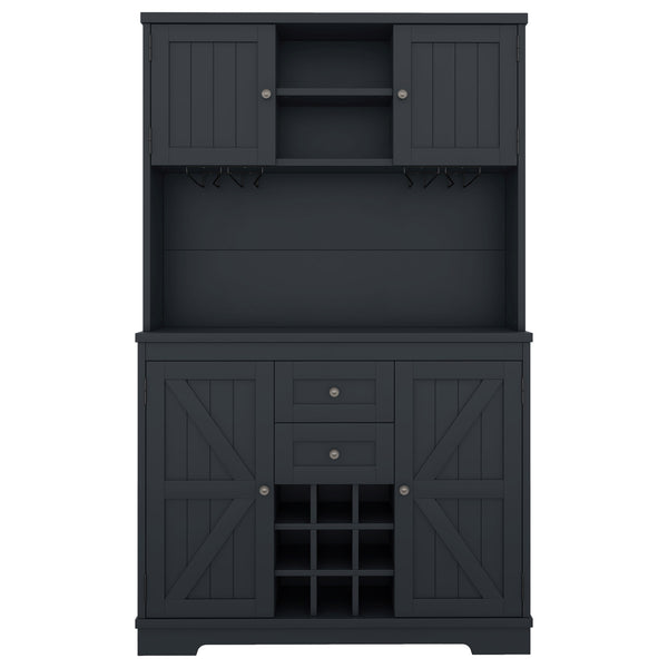 English Elm Coffee Bar Cabinet Dark Blue Farmhouse Buffet with Wine Cubbies, Stemware Rack, Drawers, Shelves & Prep Space Antique Blue W1580S00073