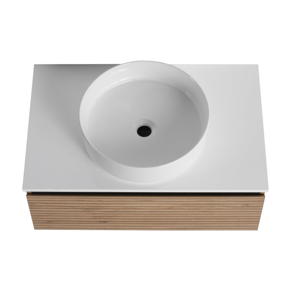 English Elm 30'' Floating Bathroom Vanity with Ceramic Vessel Sink and Soft Close Drawer W999S00359