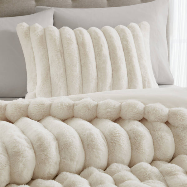 English Elm 3-Piece Luxurious Ultrasoft Faux Fur Ribbed Comforter Set For Full/Queen Bed - Elegant Ivory Design B035P408269