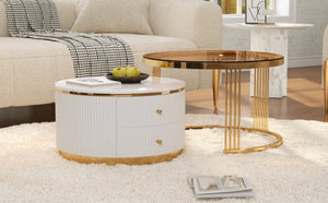 English Elm Modern Round Nesting Coffee Table Set with Gold Pedestal Legs and Storage Drawers Brown,White N735P349323D