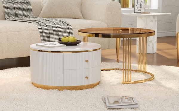 English Elm Modern Round Nesting Coffee Table Set with Gold Pedestal Legs and Storage Drawers Brown,White N735P349323D