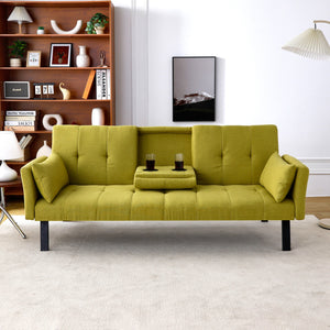 English Elm 70-inch Foldable Cotton Linen Sofa Bed with Cup Holder & Side Storage, Space-Saving 2-Seater Design Green W3371P337200