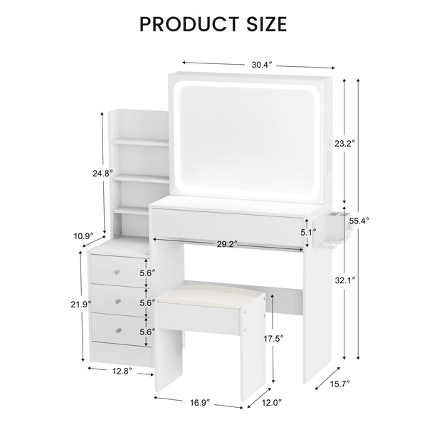 English Elm Vanity LED mirror vanity with 3-mode dimmable lights, power & USB ports, hairdryer holder, stool W1668P197385