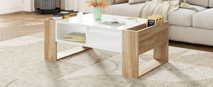 English Elm ON-TREND High Gloss Coffee Table with 2 Drawers, Hidden Compartment, Open Shelf, Modern Luxury Finish White+Natural N721P205792K