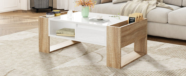 English Elm ON-TREND High Gloss Coffee Table with 2 Drawers, Hidden Compartment, Open Shelf, Modern Luxury Finish White+Natural N721P205792K