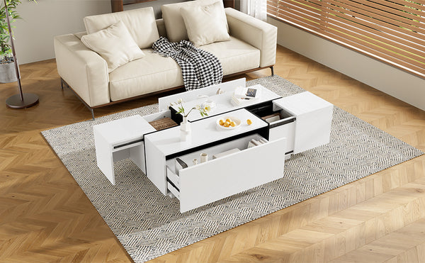 English Elm U-Can Extendable Coffee Table with Hidden Side Compartments and Dual Drawers, High-Gloss MDF Elegance White N724P292070K