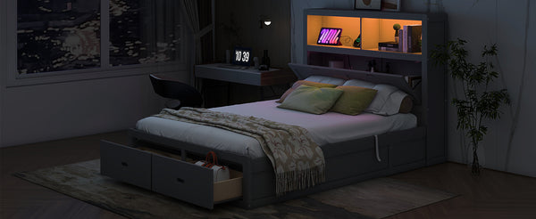 English Elm Wood Queen Size Hydraulic Platform Bed with LED Headboard, Charging Station, Hidden Storage Drawers and Shelves Gray GX000372AAE