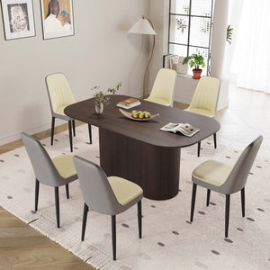 English Elm 63 Inch Mdf Dining Table Set with Six Pu Upholstered Chairs and Black Metal Legs Beige+Brown,Grey W2189S00864