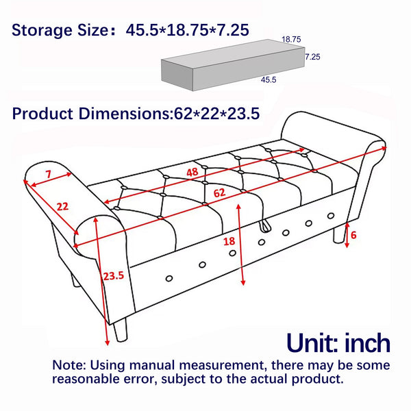 English Elm 62" Tufted Button Storage Bench with Rolled Arms, Canvas Upholstered Ottoman for Entryway & Bedroom Black W1853141522