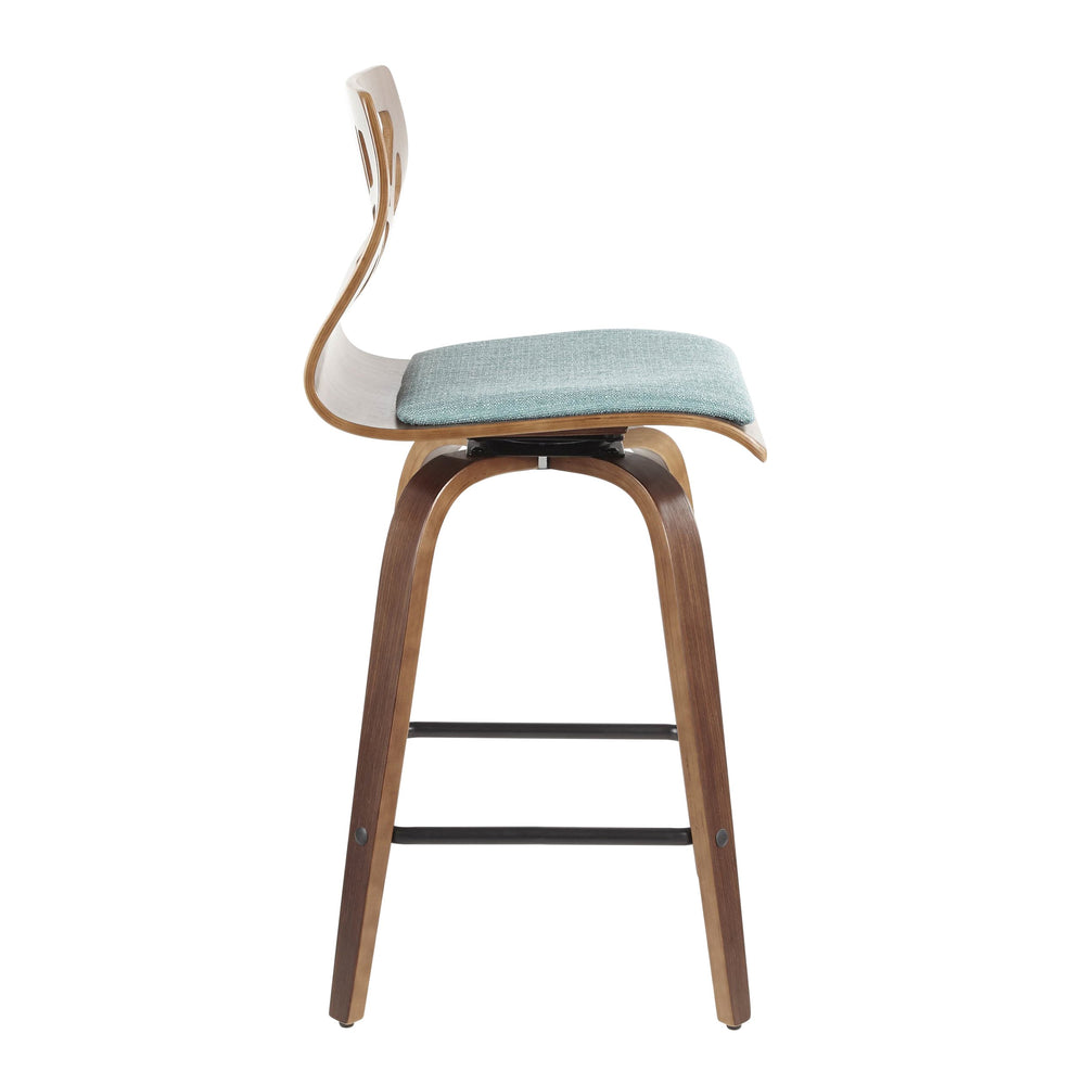 English Elm Folia Mid-Century Modern Counter Stool Set of 2 in Teal Fabric with Walnut Frame, Padded Seat, 250 lb Limit B202P221892