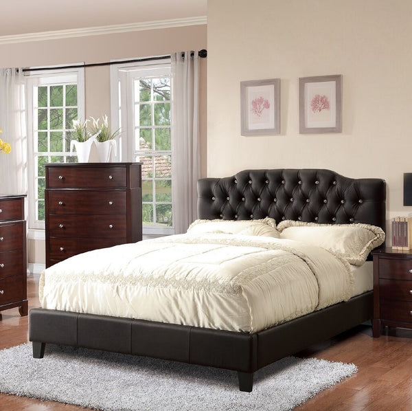 English Elm Black Faux Leather Queen Bedframe with Arched Diamond Tufted Headboard, Modern Upholstered Elegance B011S02007