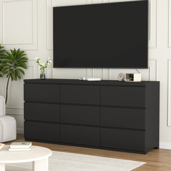 English Elm 9 Drawer Handleless Chest Matte Black Veneer Push Open Storage for Bedroom Hallway W409S00025