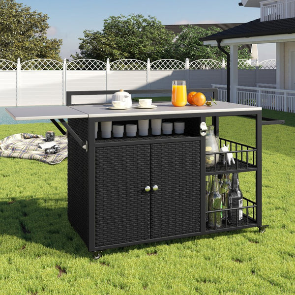 English Elm 63.5" Outdoor Kitchen Island with Foldable Stainless Steel Top, Lockable Wheels, Rattan Storage, Bottle Opener N719P243726D